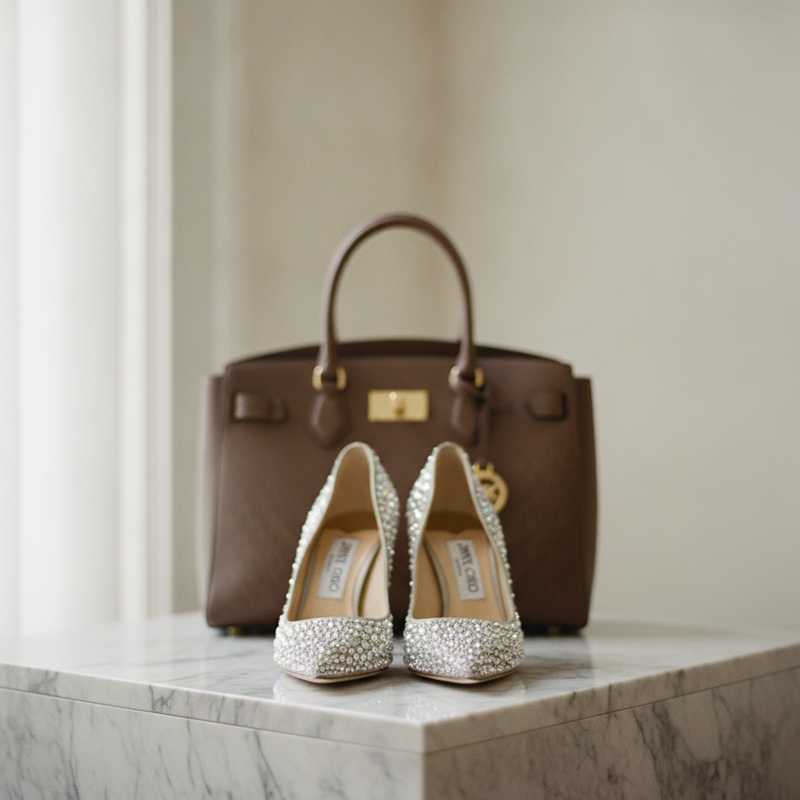 Elegant Jimmy Choo high heels on display representing luxury footwear growth versus Michael Kors accessible fashion decline