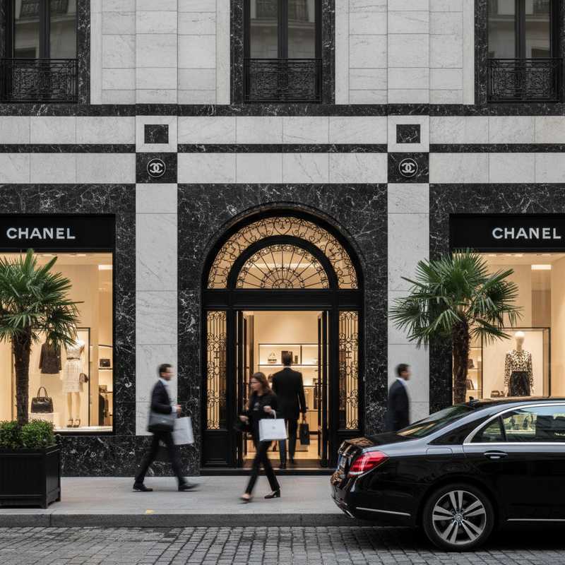 Elegante Chanel-winkelgevel met klanten die naar binnen lopen, symboliserend sterke retailprestaties