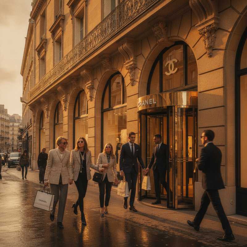 Chanel flagship boutique exterior with shoppers carrying Chanel bags, representing strong retail sales growth