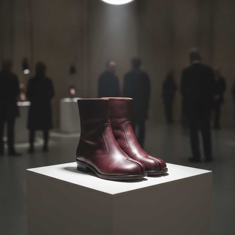 Burgundy Maison Margiela Tabi split-toe leather boots on white auction display pedestal